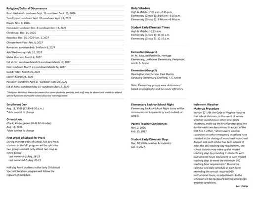 Lynchburg City Schools 2026–2027 Academic Calendar Page 2