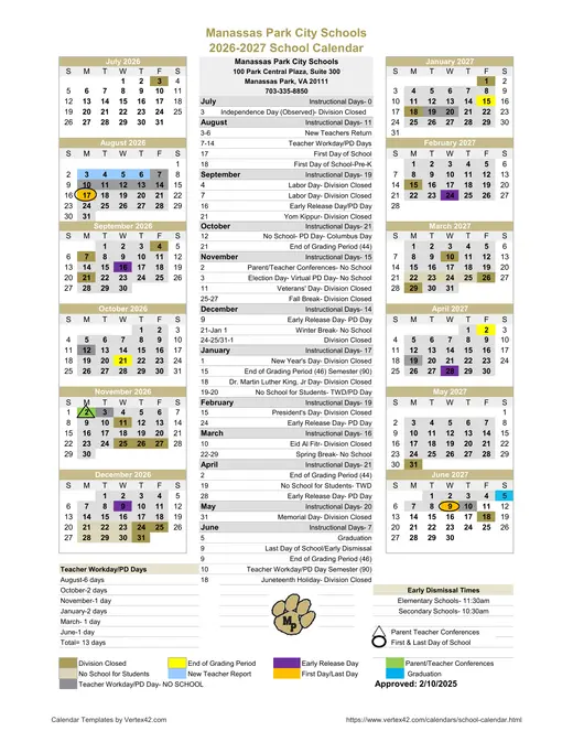 Manassas Park City Schools 2026–2027 Academic Calendar