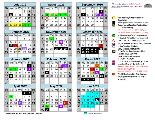 Mecklenburg County Public Schools 2026–2027 Academic Calendar Page 1