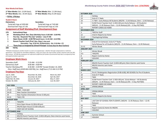 Mecklenburg County Public Schools 2026–2027 Academic Calendar Page 2