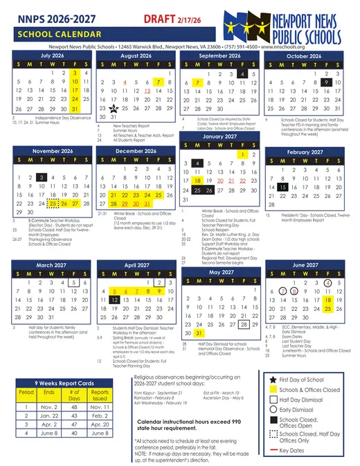 Newport News Public Schools 2026–2027 Academic Calendar
