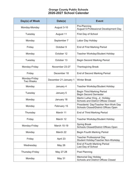 Orange County Public Schools 2026–2027 Academic Calendar Page 1