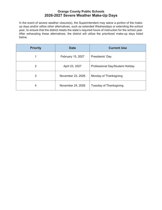 Orange County Public Schools 2026–2027 Academic Calendar Page 2
