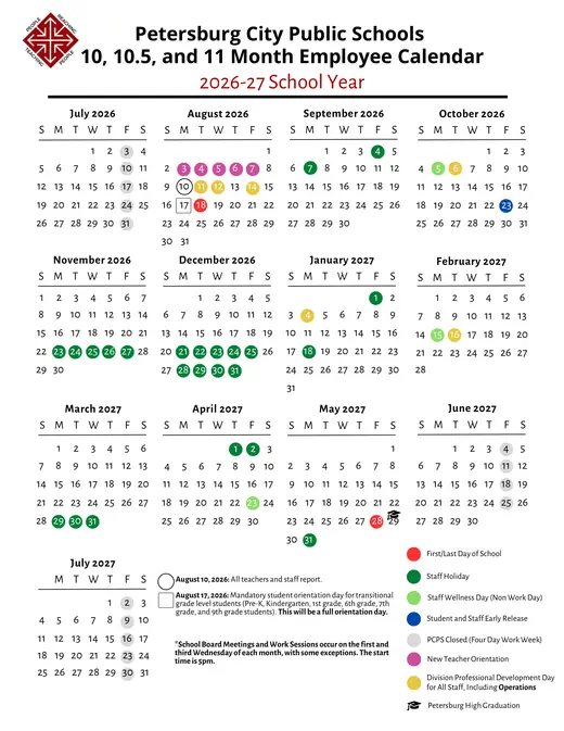 Petersburg City Public Schools 2026–2027 Academic Calendar Page 1