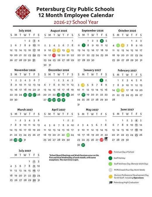 Petersburg City Public Schools 2026–2027 Academic Calendar Page 2