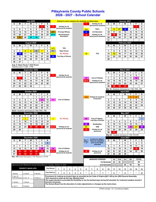 Pittsylvania County Public Schools 2026–2027 Academic Calendar