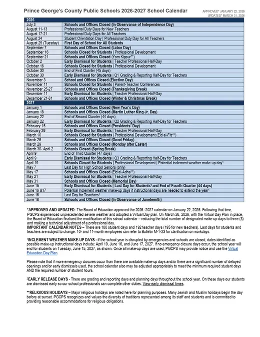 Prince George's County Public Schools 2026–2027 Academic Calendar