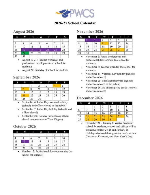 Prince William County Public Schools 2026–2027 Academic Calendar Page 1