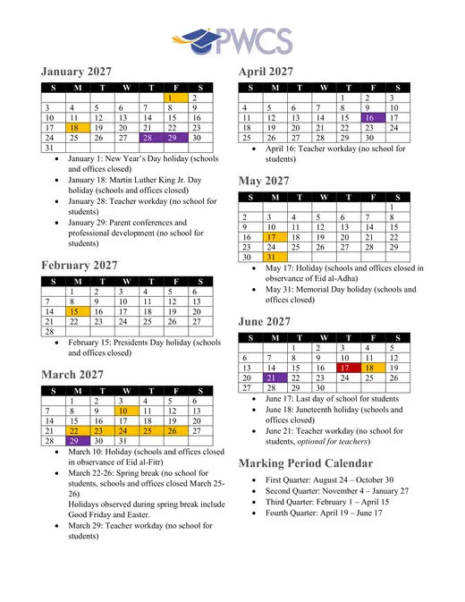 Prince William County Public Schools 2026–2027 Academic Calendar Page 2