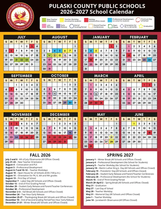Pulaski County Public Schools 2026–2027 Academic Calendar