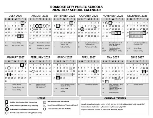 Roanoke City Public Schools 2026–2027 Academic Calendar