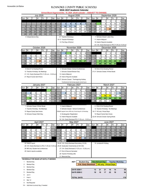 Roanoke County Public Schools 2026–2027 Academic Calendar Page 1