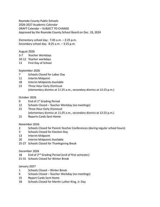 Roanoke County Public Schools 2026–2027 Academic Calendar Page 2