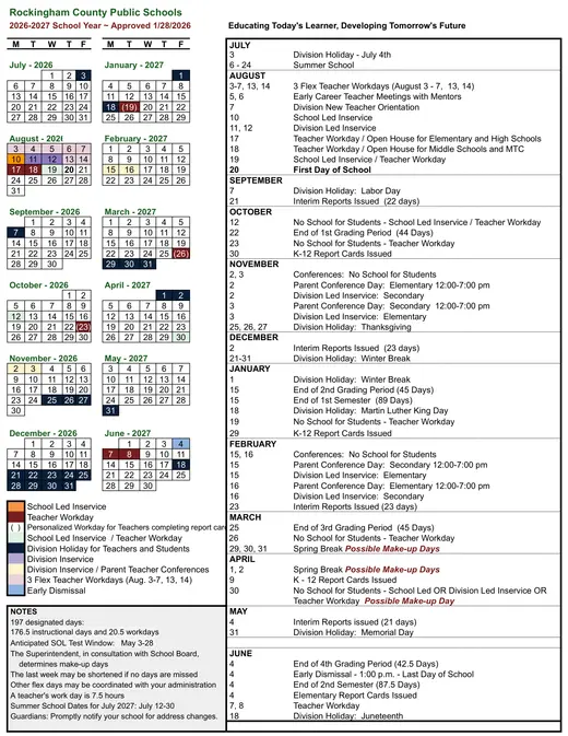 Rockingham County Public Schools 2026–2027 Academic Calendar