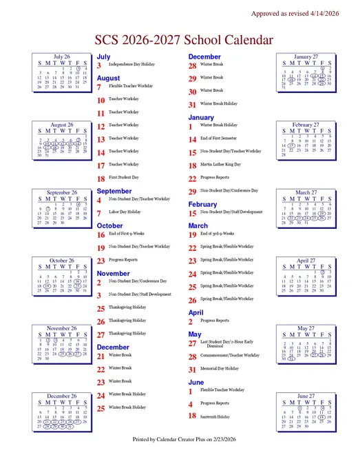Salem City Schools 2026–2027 Academic Calendar Page 1
