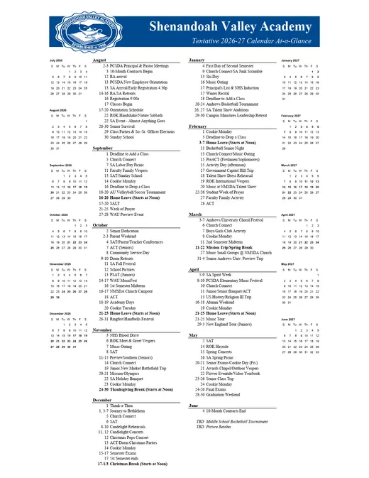 Shenandoah Valley Academy 2026–2027 Academic Calendar Page 1