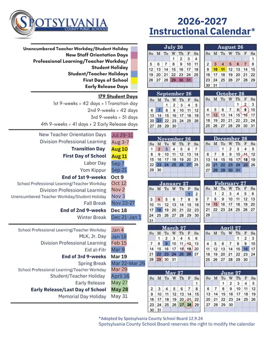 Spotsylvania County Public Schools 2026–2027 Academic Calendar