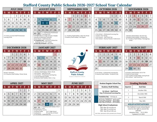 Stafford County Public Schools 2026–2027 Academic Calendar Page 1