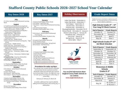 Stafford County Public Schools 2026–2027 Academic Calendar Page 2