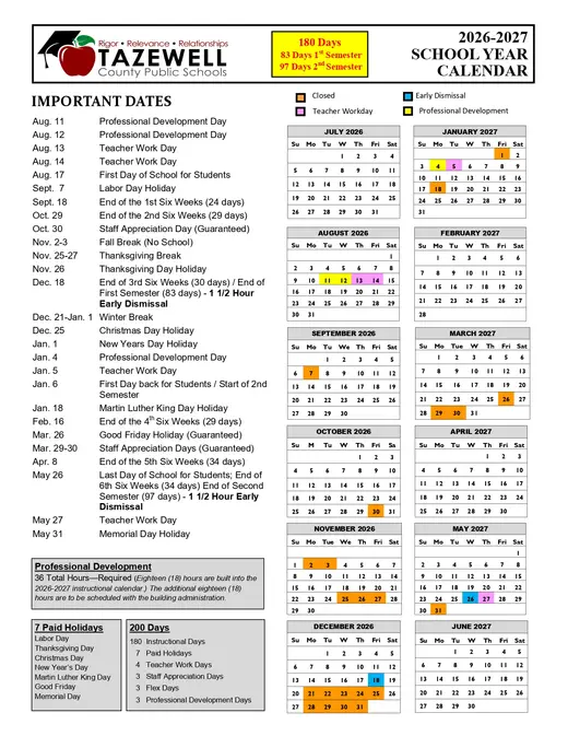 Tazewell County Public Schools 2026–2027 Academic Calendar