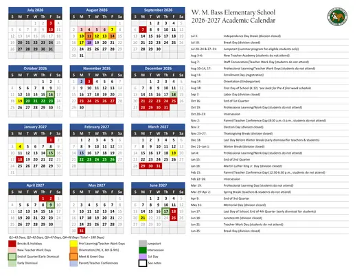 W. M. Bass Elementary School 2026–2027 Academic Calendar Page 1