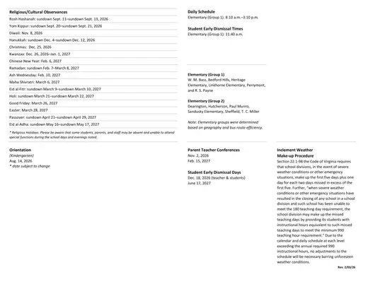 W. M. Bass Elementary School 2026–2027 Academic Calendar Page 2