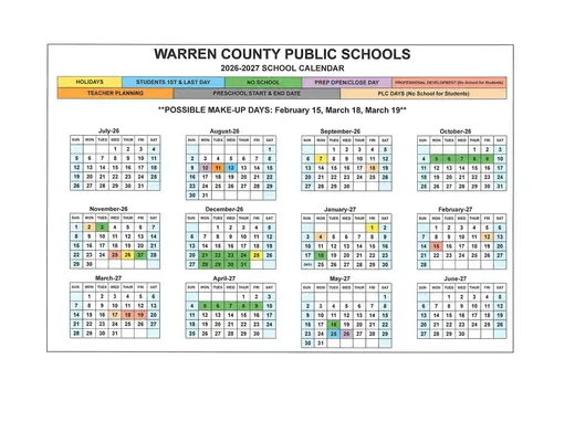 Warren County Public Schools 2026–2027 Academic Calendar