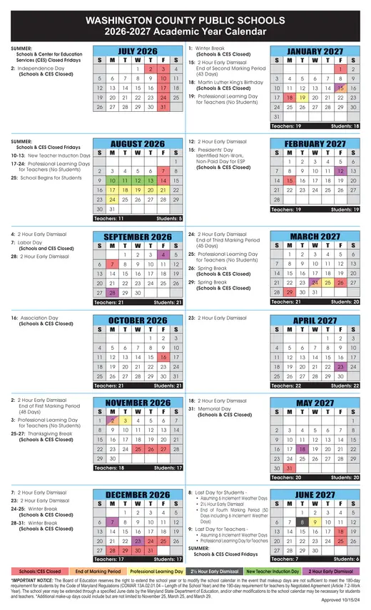 Washington County Public Schools 2026–2027 Academic Calendar