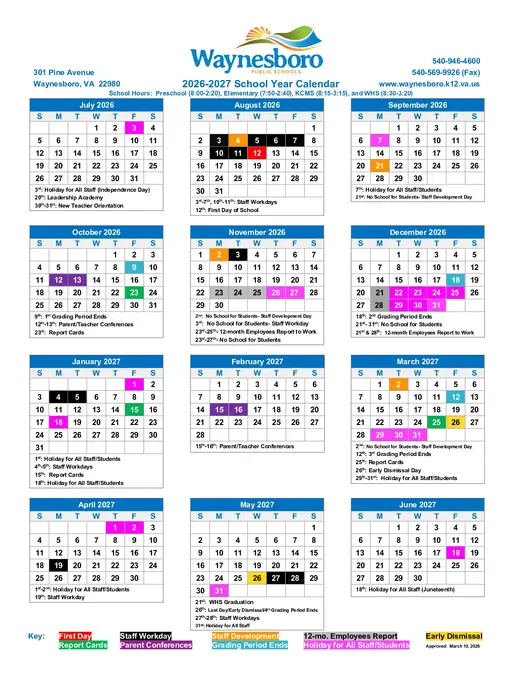 Waynesboro Public Schools 2026–2027 Academic Calendar