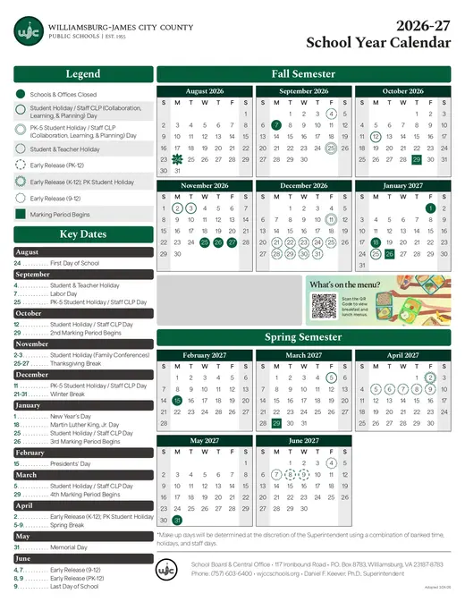 Williamsburg-James City County Public Schools 2026–2027 Academic Calendar