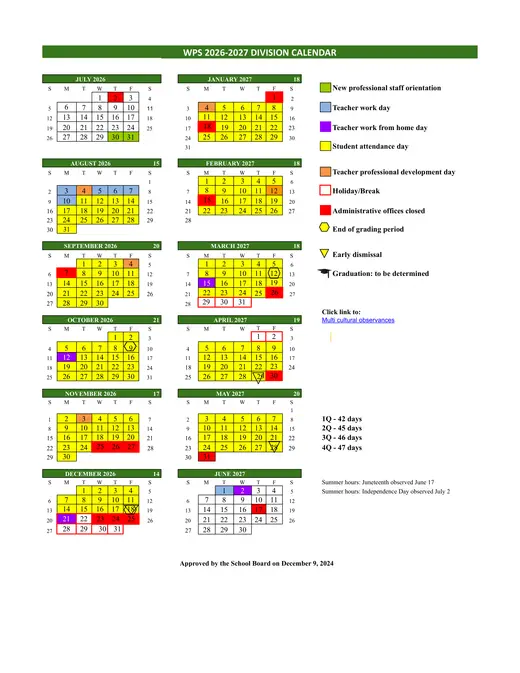 Winchester Public Schools 2026–2027 Academic Calendar Page 1