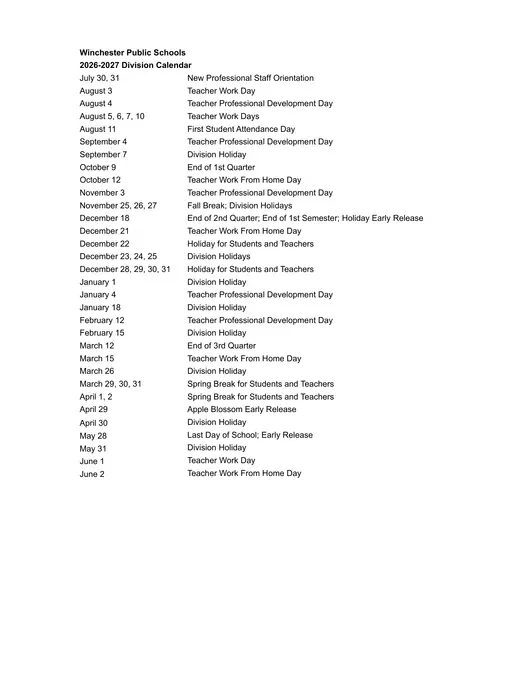 Winchester Public Schools 2026–2027 Academic Calendar Page 2