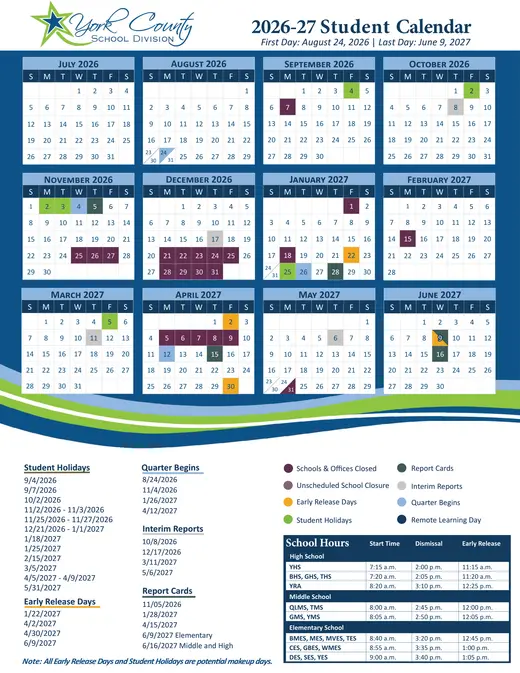 York County School Division 2026–2027 Academic Calendar Page 1