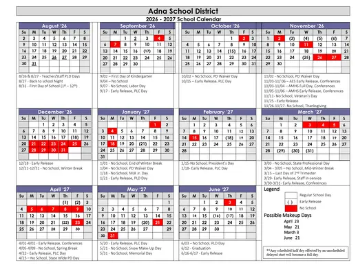 Adna School District 2026–2027 Academic Calendar Page 1