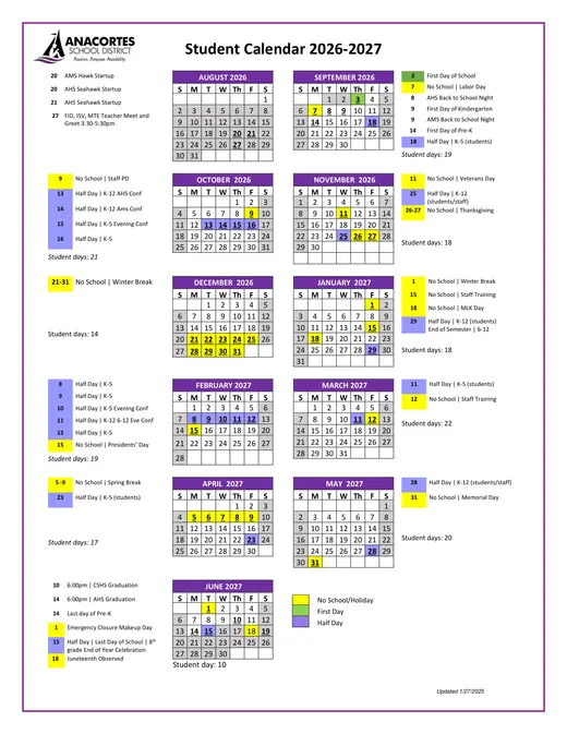 Anacortes School District 2026–2027 Academic Calendar