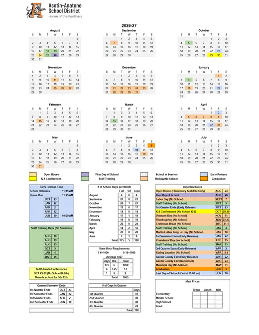 Asotin-Anatone School District 2026–2027 Academic Calendar Page 1