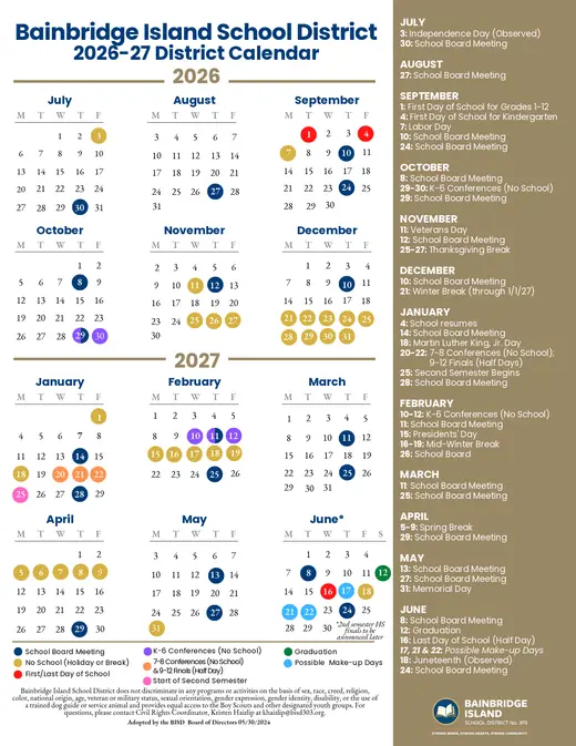 Bainbridge Island School District 2026–2027 Academic Calendar Page 1