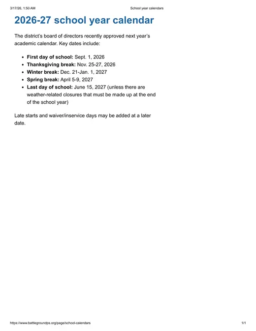 Battle Ground Public Schools 2026–2027 Academic Calendar
