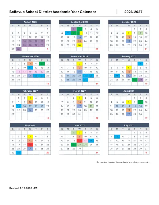 Bellevue School District 2026–2027 Academic Calendar Page 1