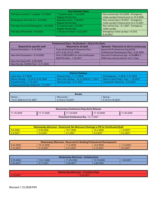 Bellevue School District 2026–2027 Academic Calendar Page 2