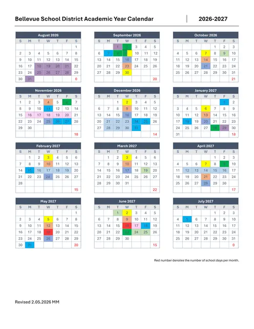 Bellevue School District 2026–2027 Academic Calendar Page 3