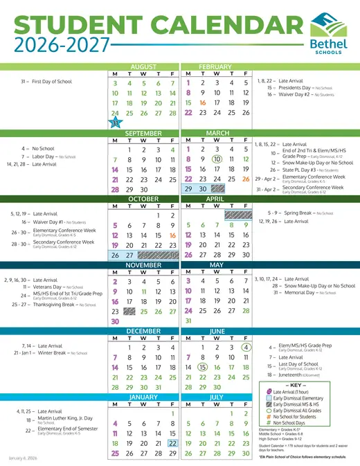 Bethel Schools 2026–2027 Academic Calendar