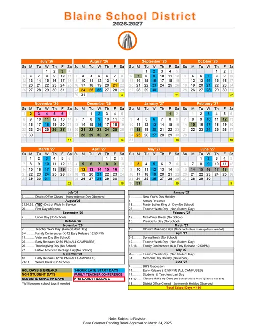 Blaine School District 2026–2027 Academic Calendar
