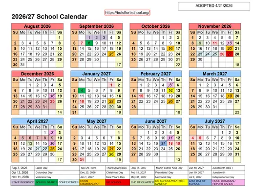 Boistfort School 2026–2027 Academic Calendar Page 1