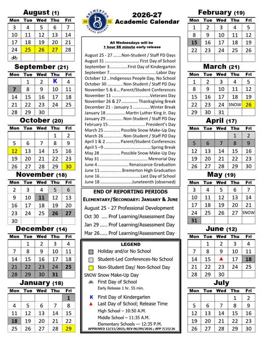 Bremerton School District 2026–2027 Academic Calendar Page 1
