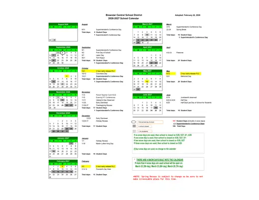 Brewster Central School District 2026–2027 Academic Calendar Page 1