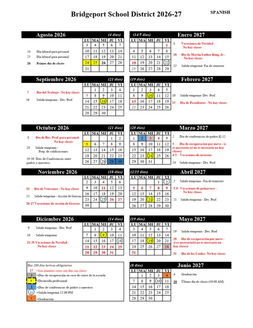 Bridgeport School District 2026–2027 Academic Calendar Page 2