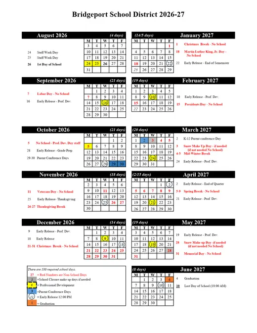 Bridgeport School District 2026–2027 Academic Calendar Page 1