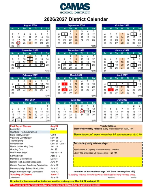 Camas School District 2026–2027 Academic Calendar