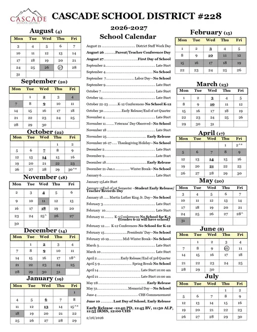 Cascade School District #228 2026–2027 Academic Calendar
